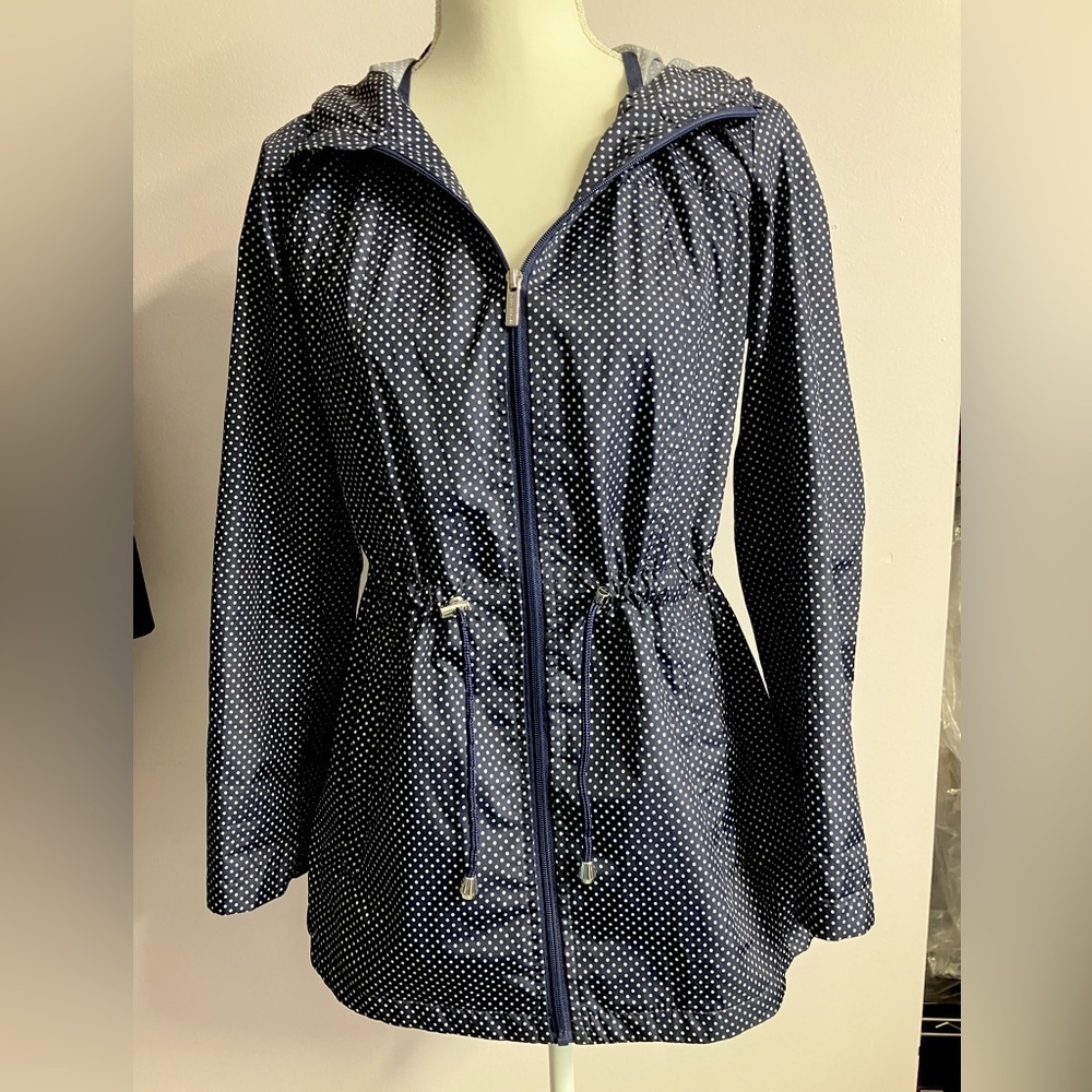Susan Graver Women’s Lightweight Jacket, XXS, Navy Blue/White, Polka Dot